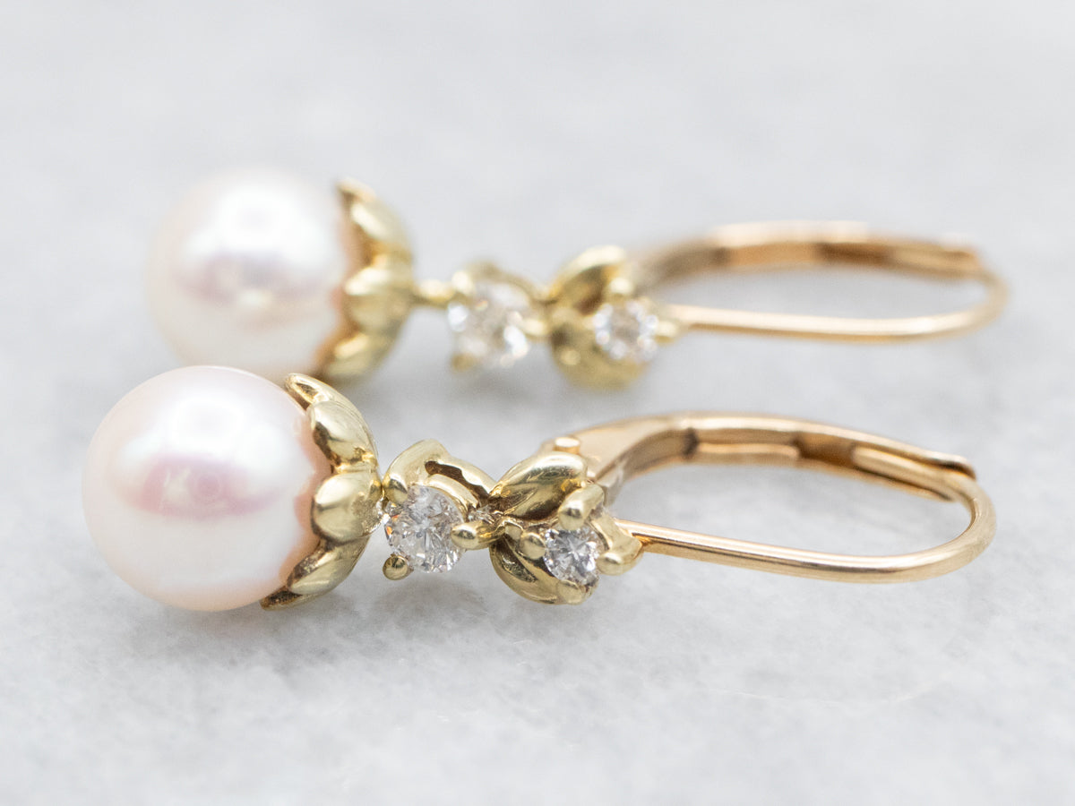 Saltwater Pearl Drop Earrings with Diamond Accents