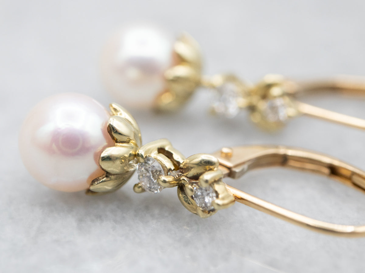 Saltwater Pearl Drop Earrings with Diamond Accents