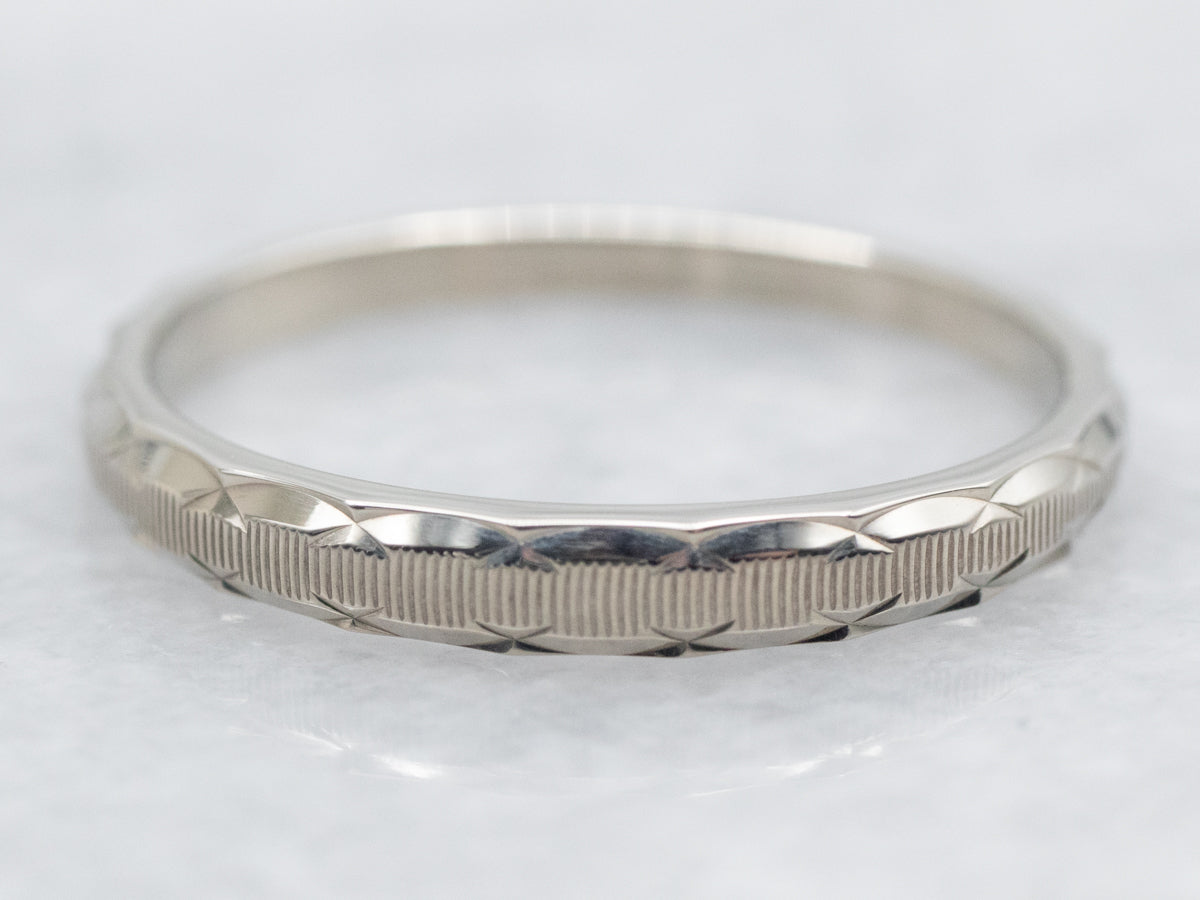 White Gold Wedding Band with Scallop Pattern Edge