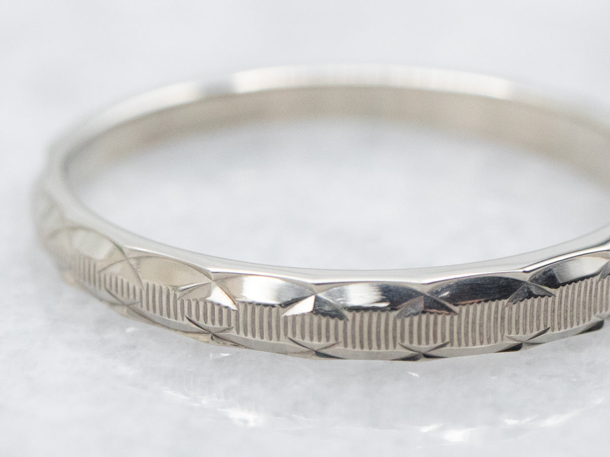 White Gold Wedding Band with Scallop Pattern Edge