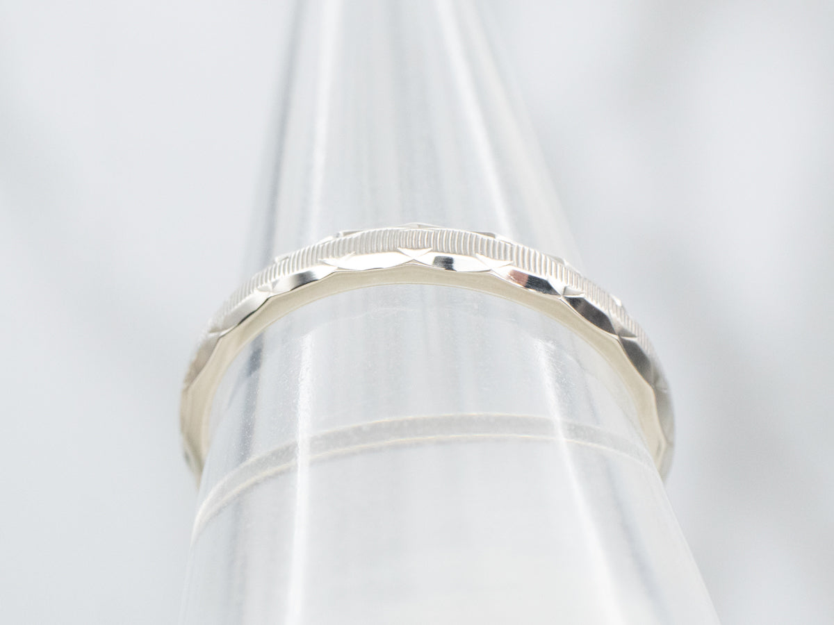 White Gold Wedding Band with Scallop Pattern Edge