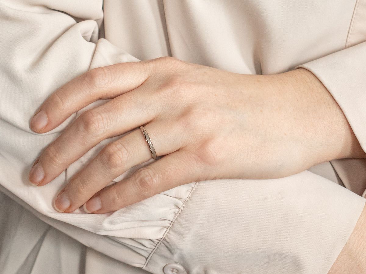 White Gold Wedding Band with Scallop Pattern Edge