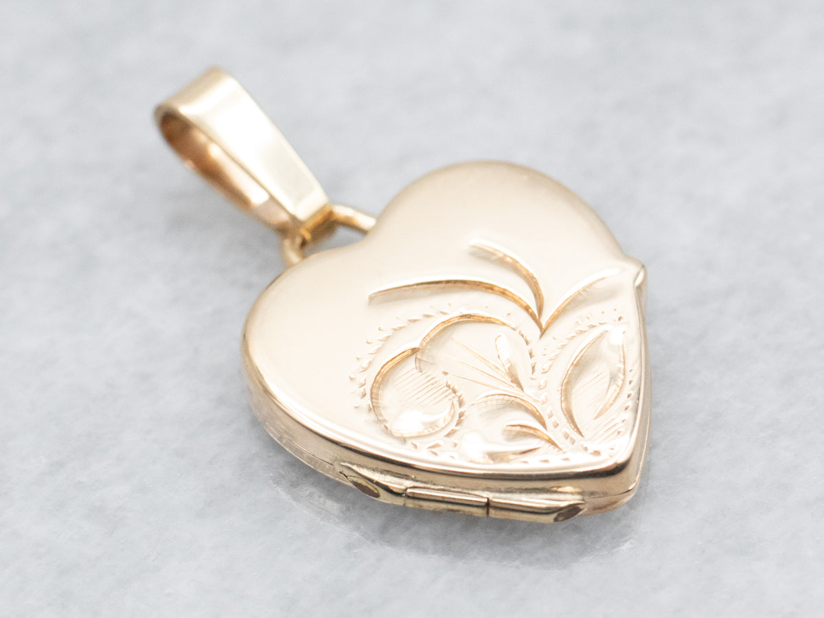 Yellow Gold Etched Heart Shaped Locket