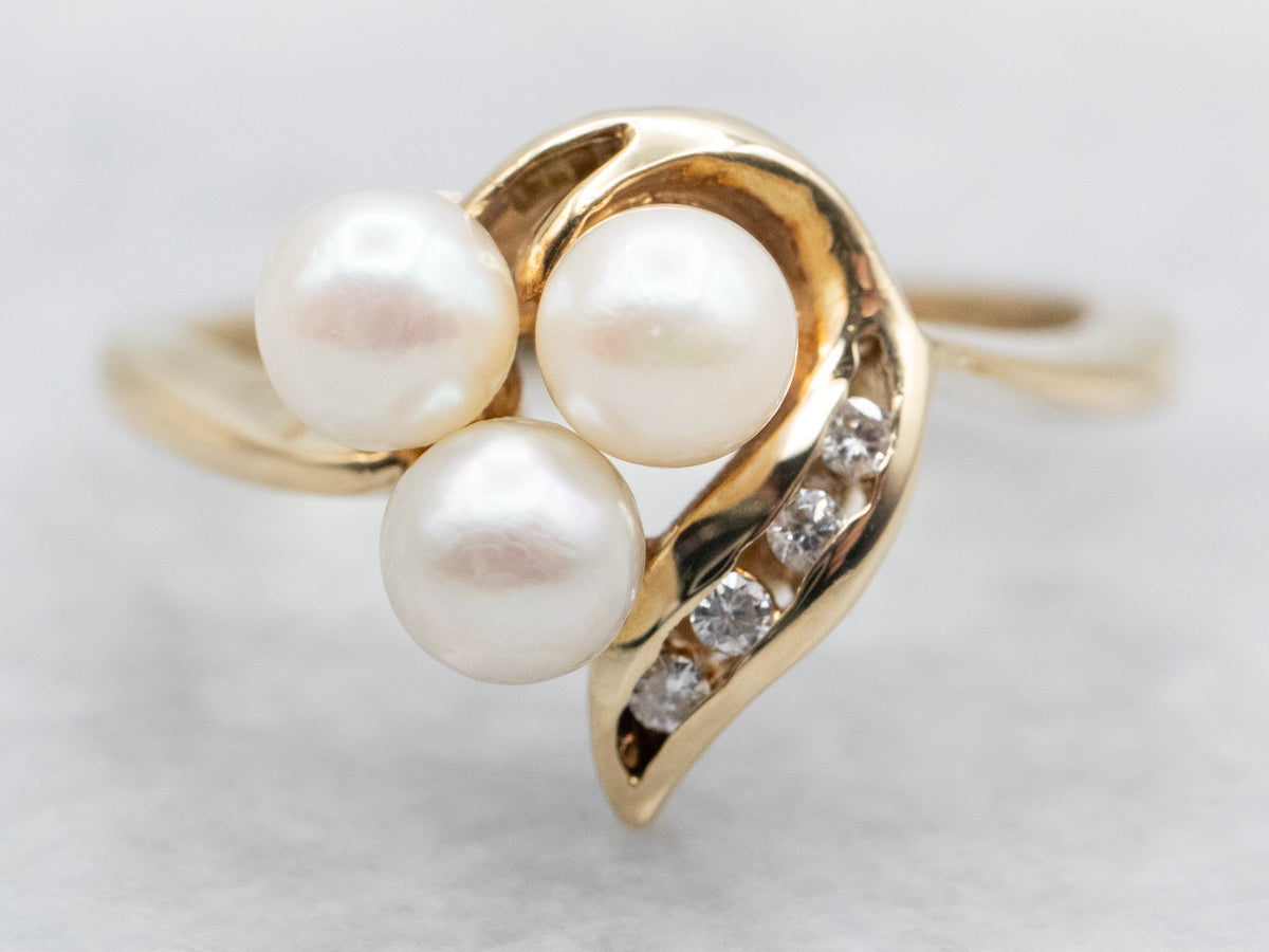 Saltwater Pearl and Channel Set Diamond Ring