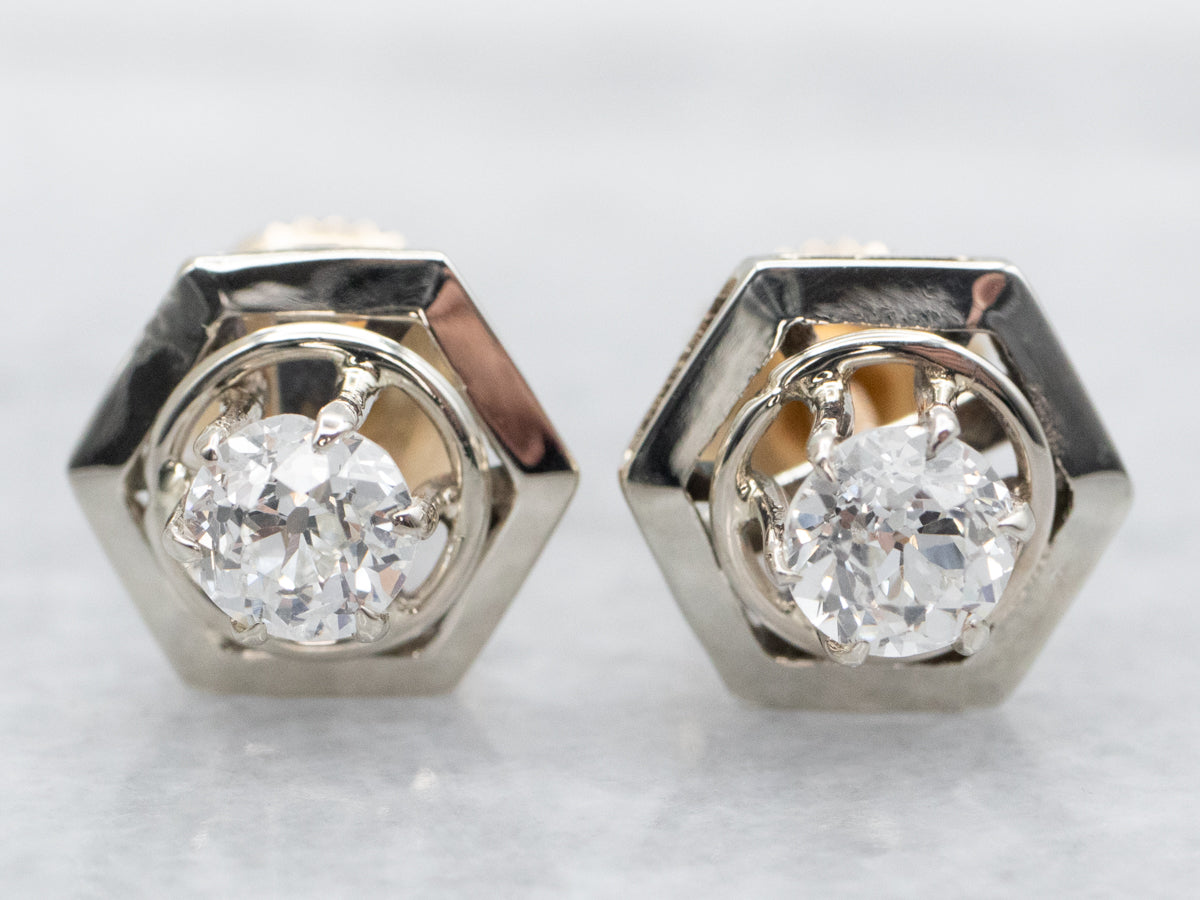 Old Mine Cut Diamond Hexagonal Stud Earrings