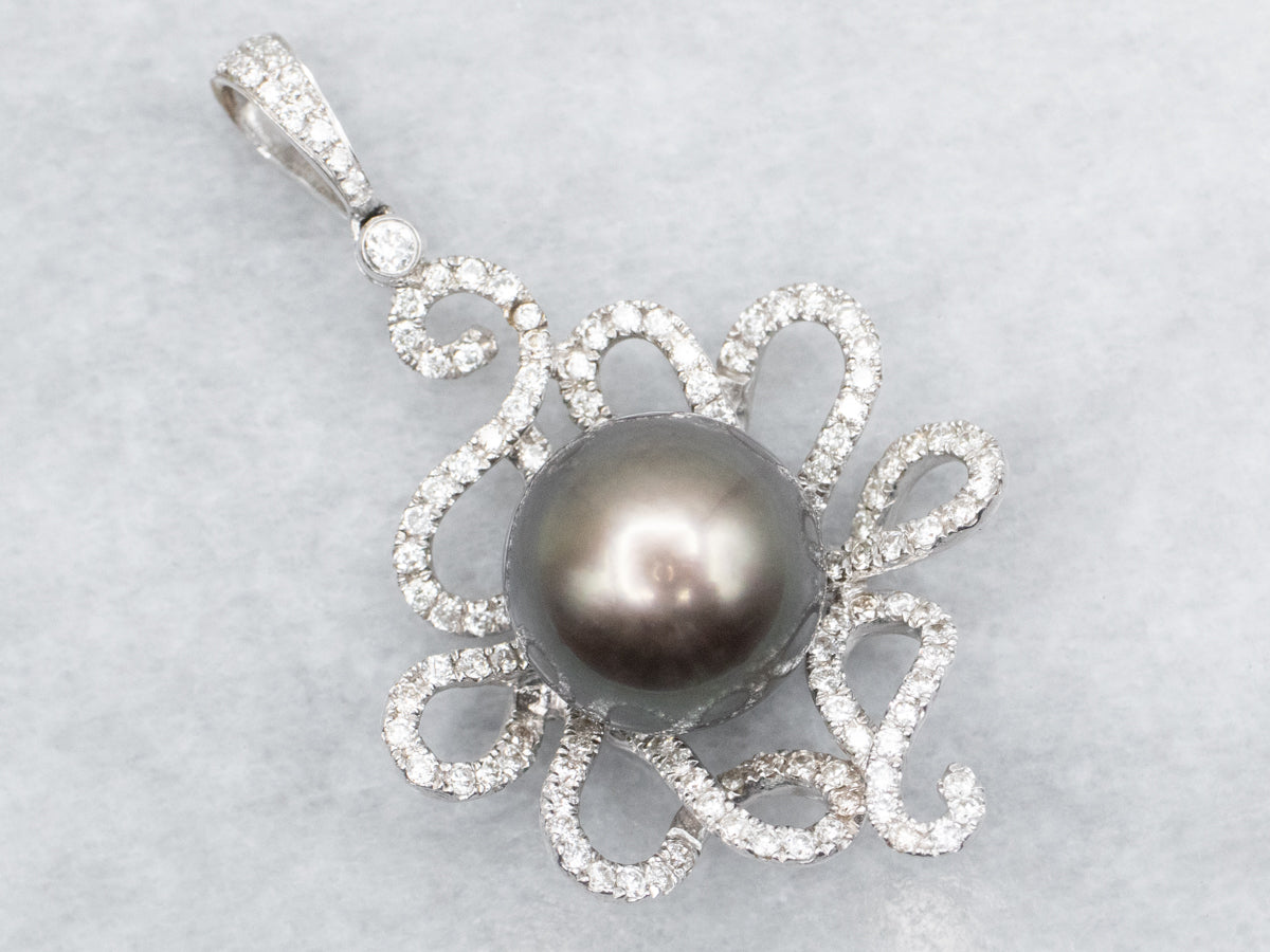 Gray Pearl and Diamond Swirl Pendant