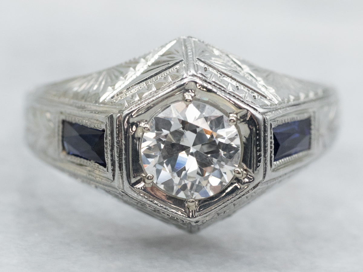 Art Deco European Cut Diamond and Sapphire Engagement Ring