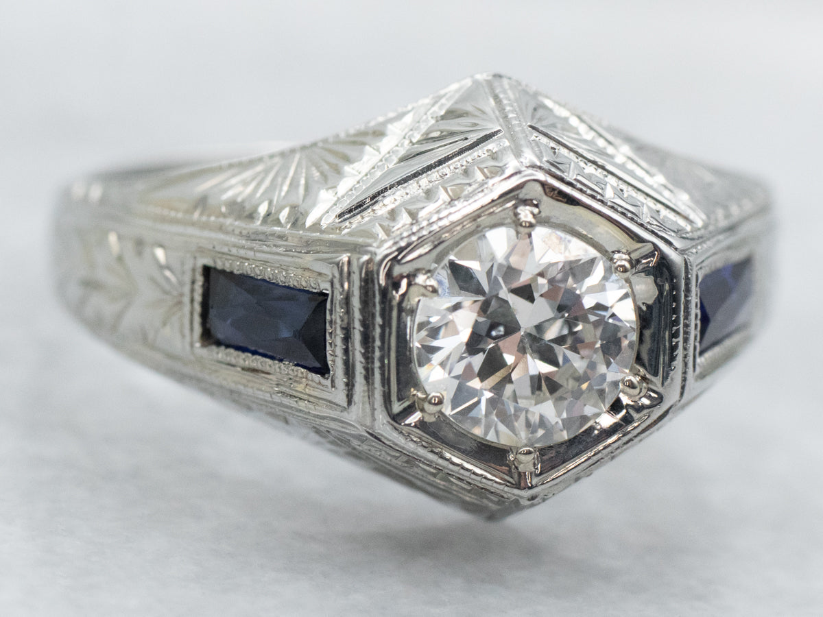 Art Deco European Cut Diamond and Sapphire Engagement Ring