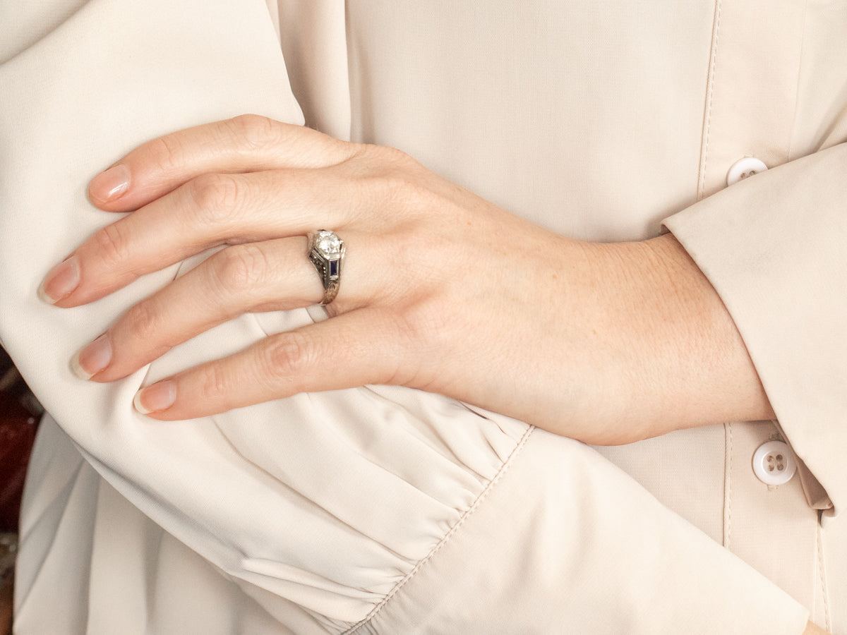 Art Deco European Cut Diamond and Sapphire Engagement Ring