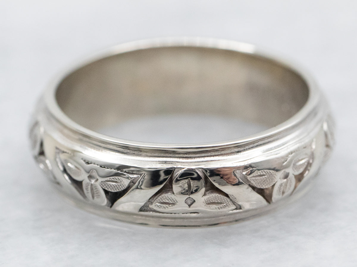 White Gold Botanical Etched Wedding Band