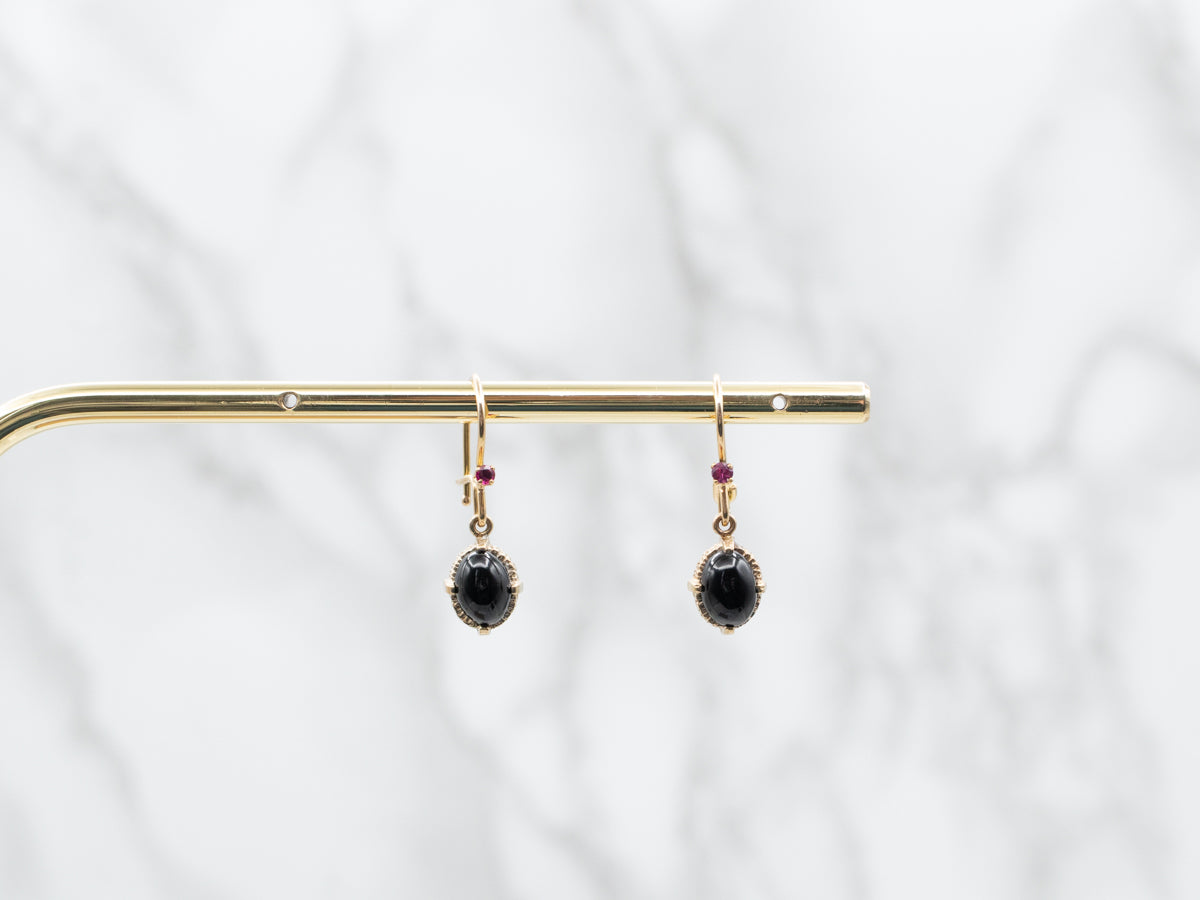 Black Onyx and Synthetic Ruby Drop Earrings