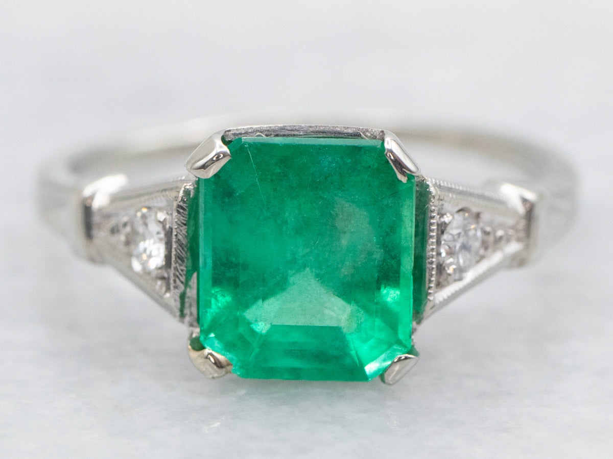 Retro Era Emerald and Diamond Engagement Ring