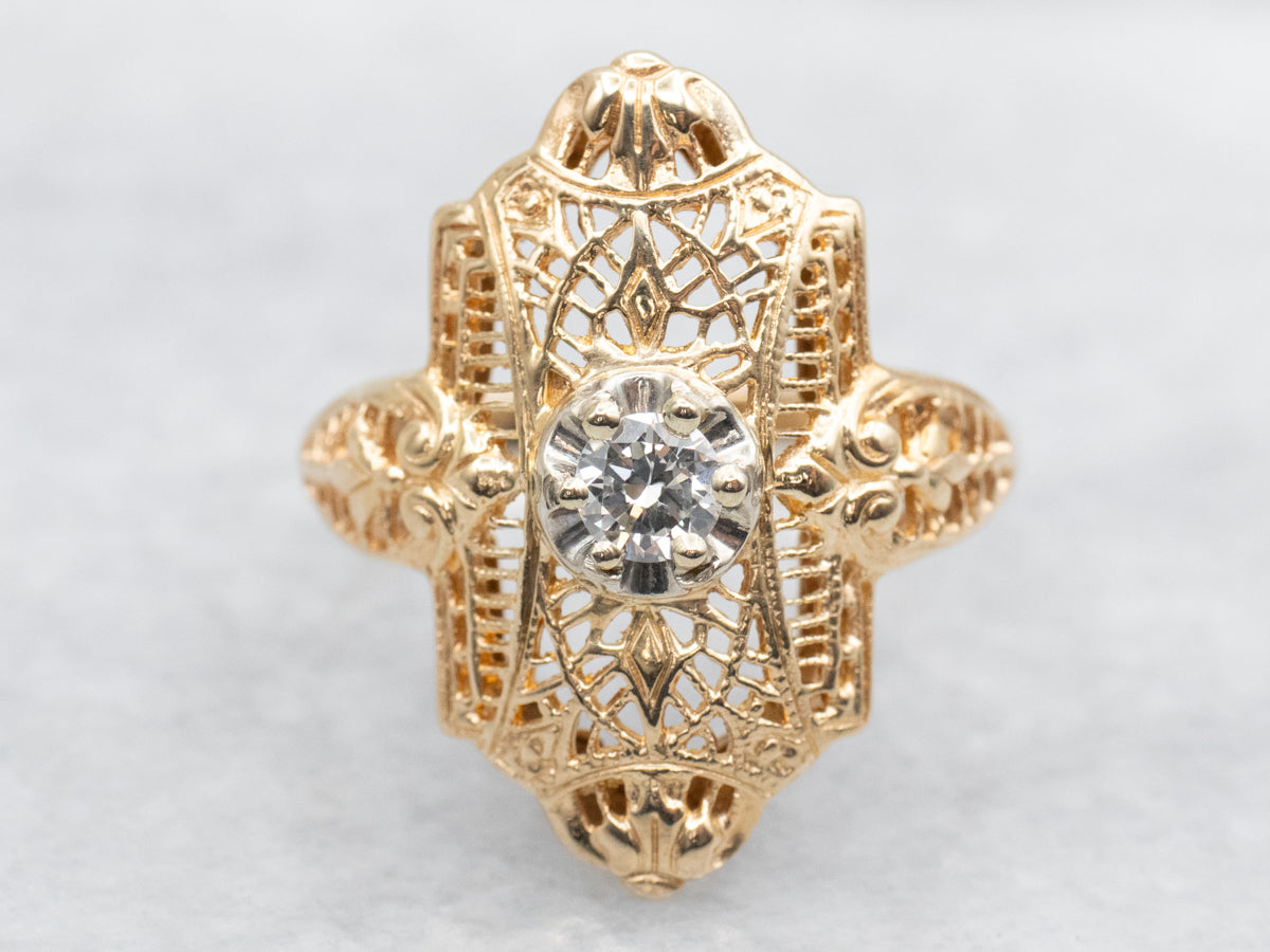 Late Art Deco Filigree Diamond Dinner Ring