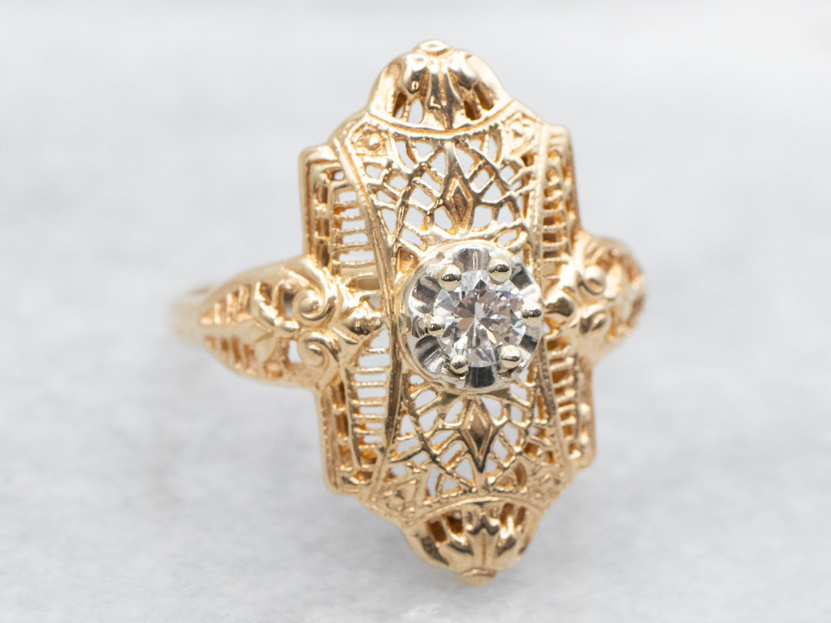 Late Art Deco Filigree Diamond Dinner Ring