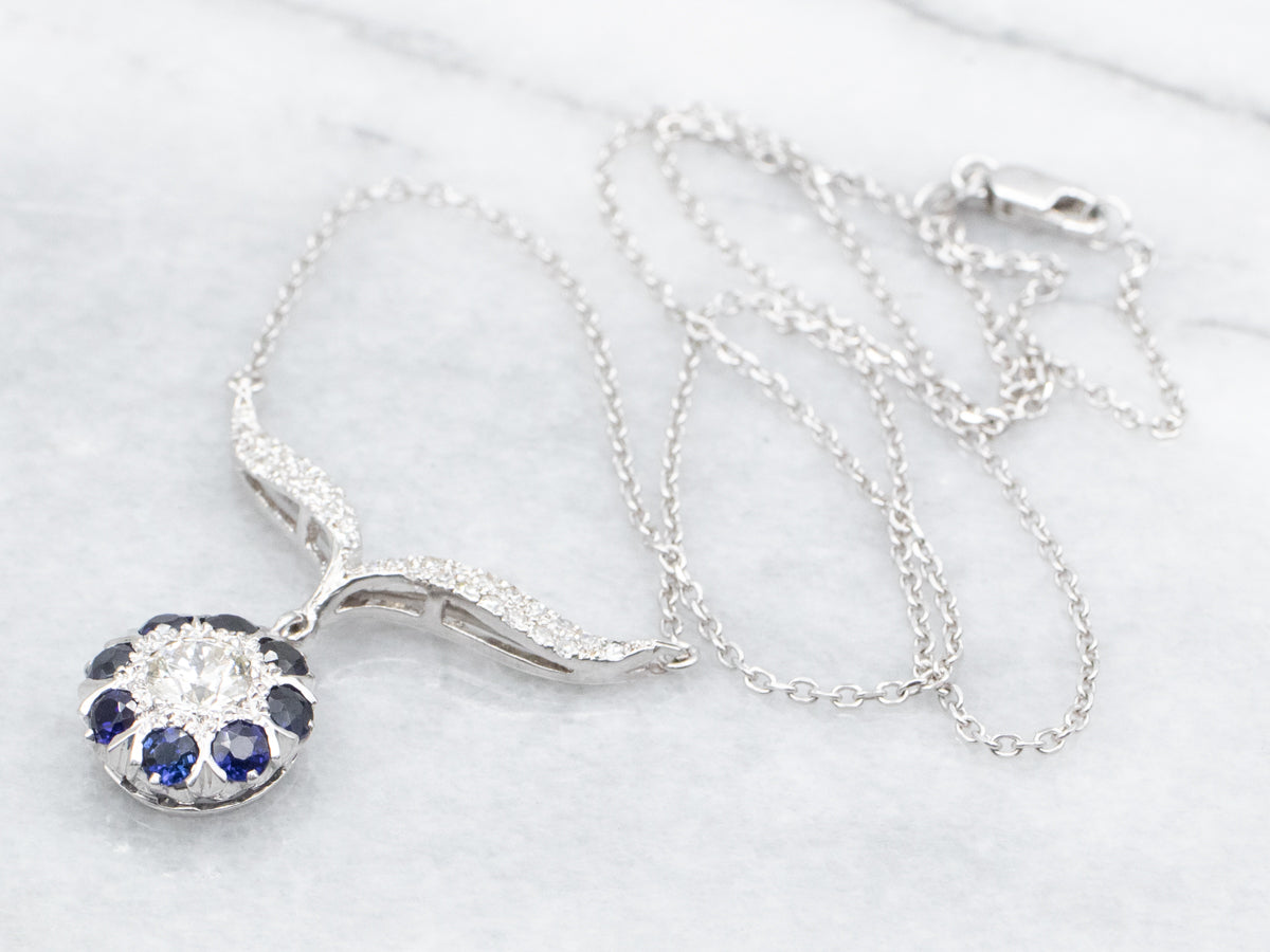 Modern European Cut Diamond and Sapphire Halo Necklace