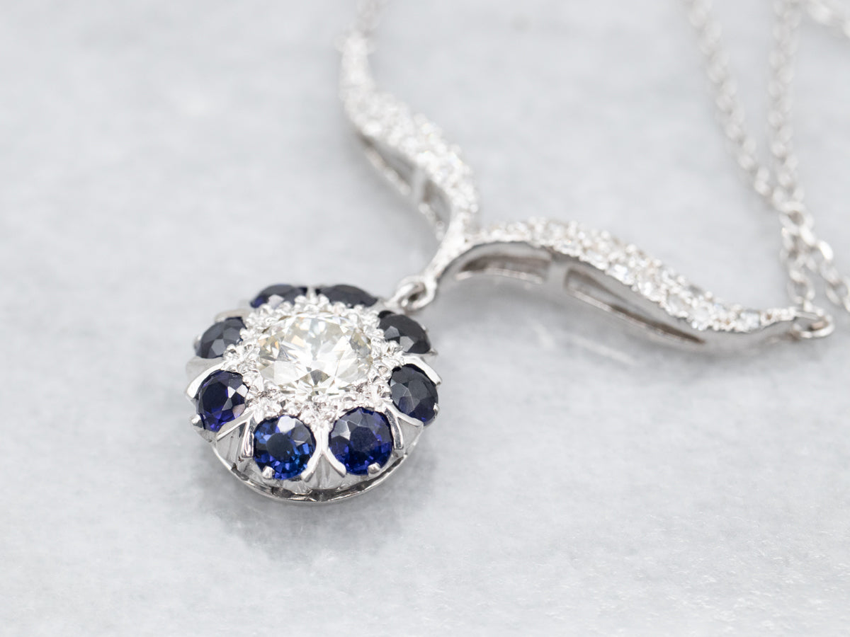 Modern European Cut Diamond and Sapphire Halo Necklace