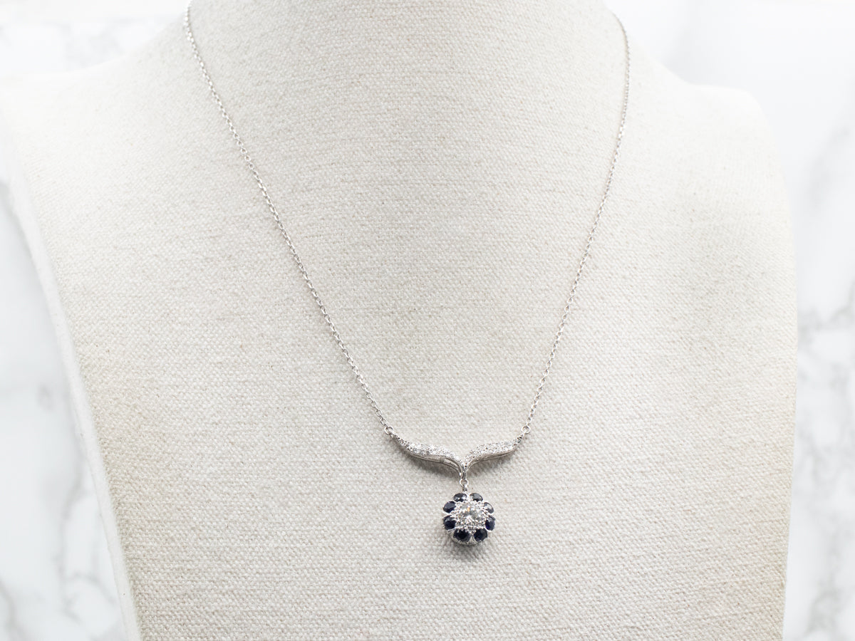 Modern European Cut Diamond and Sapphire Halo Necklace