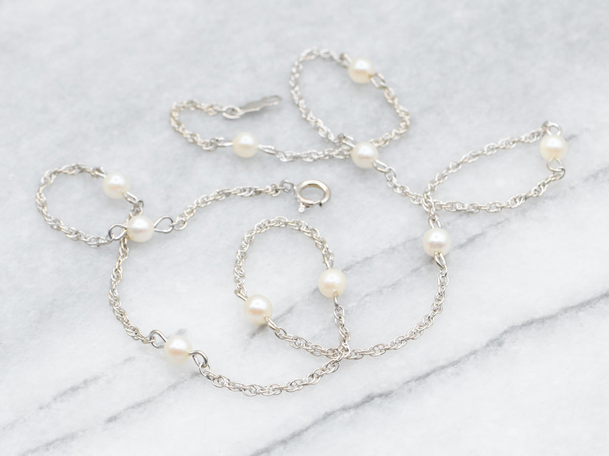 White Gold Pearl Station Chain Necklace with Spring Ring Clasp