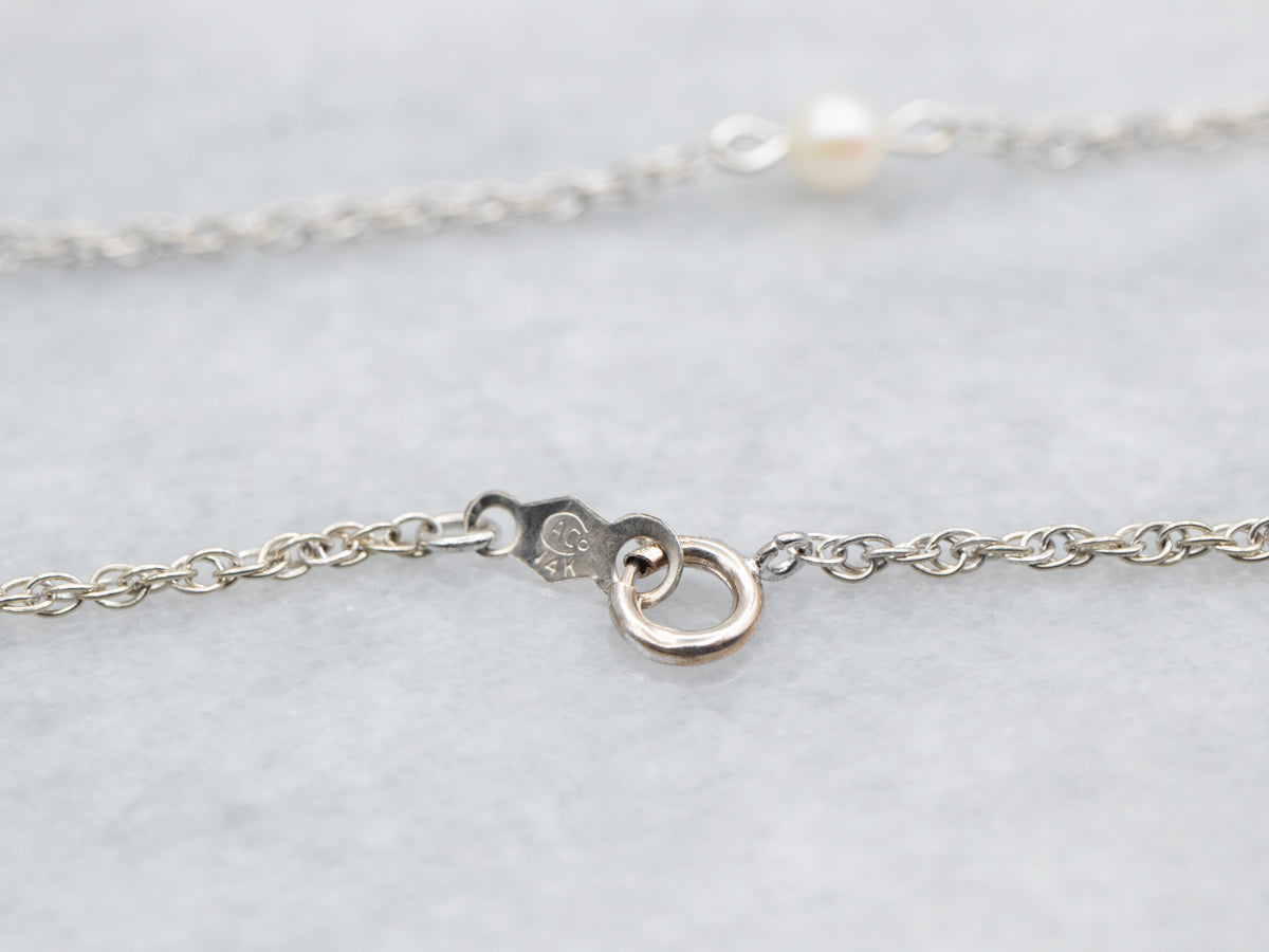 White Gold Pearl Station Chain Necklace with Spring Ring Clasp