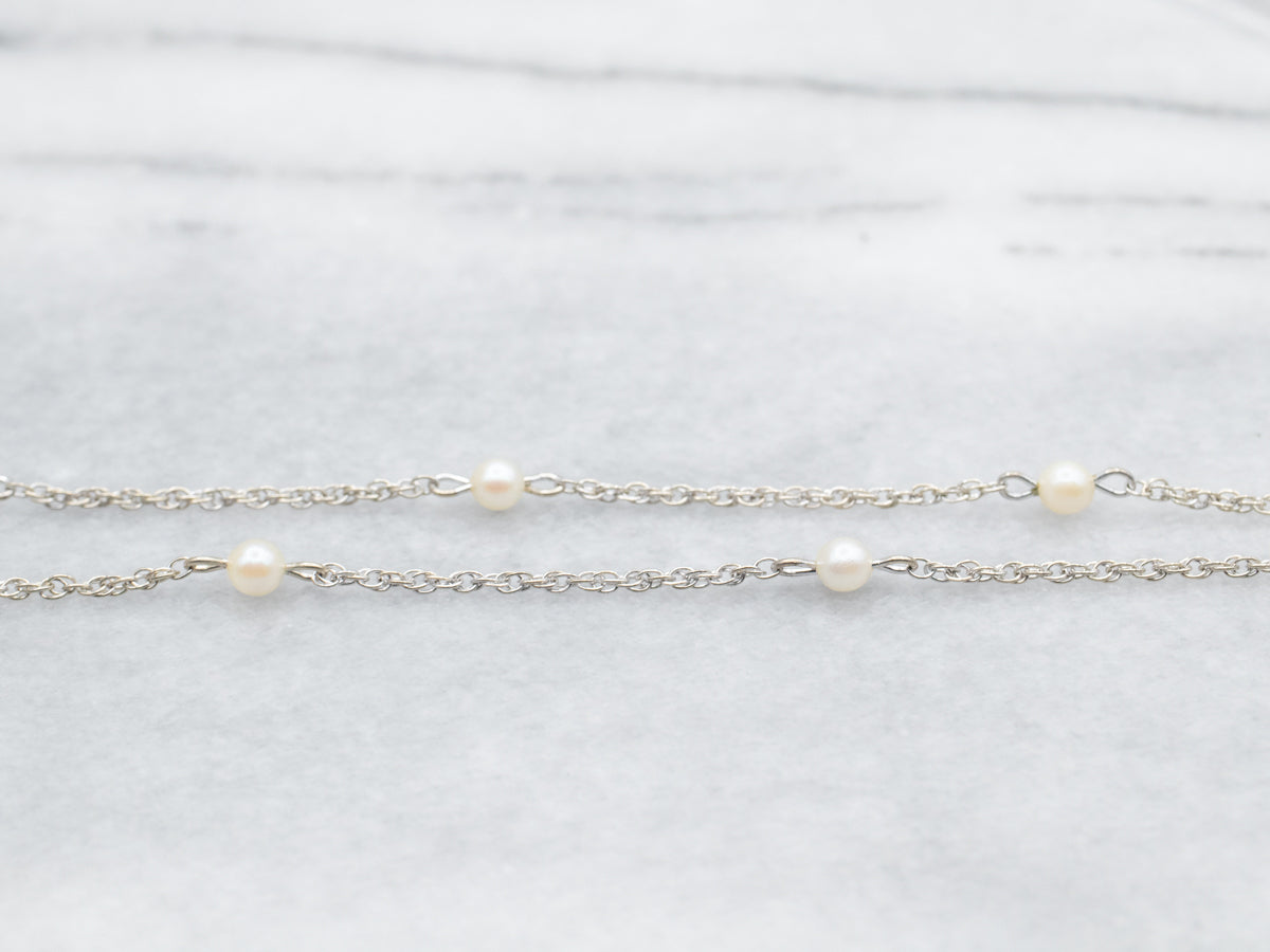 White Gold Pearl Station Chain Necklace with Spring Ring Clasp