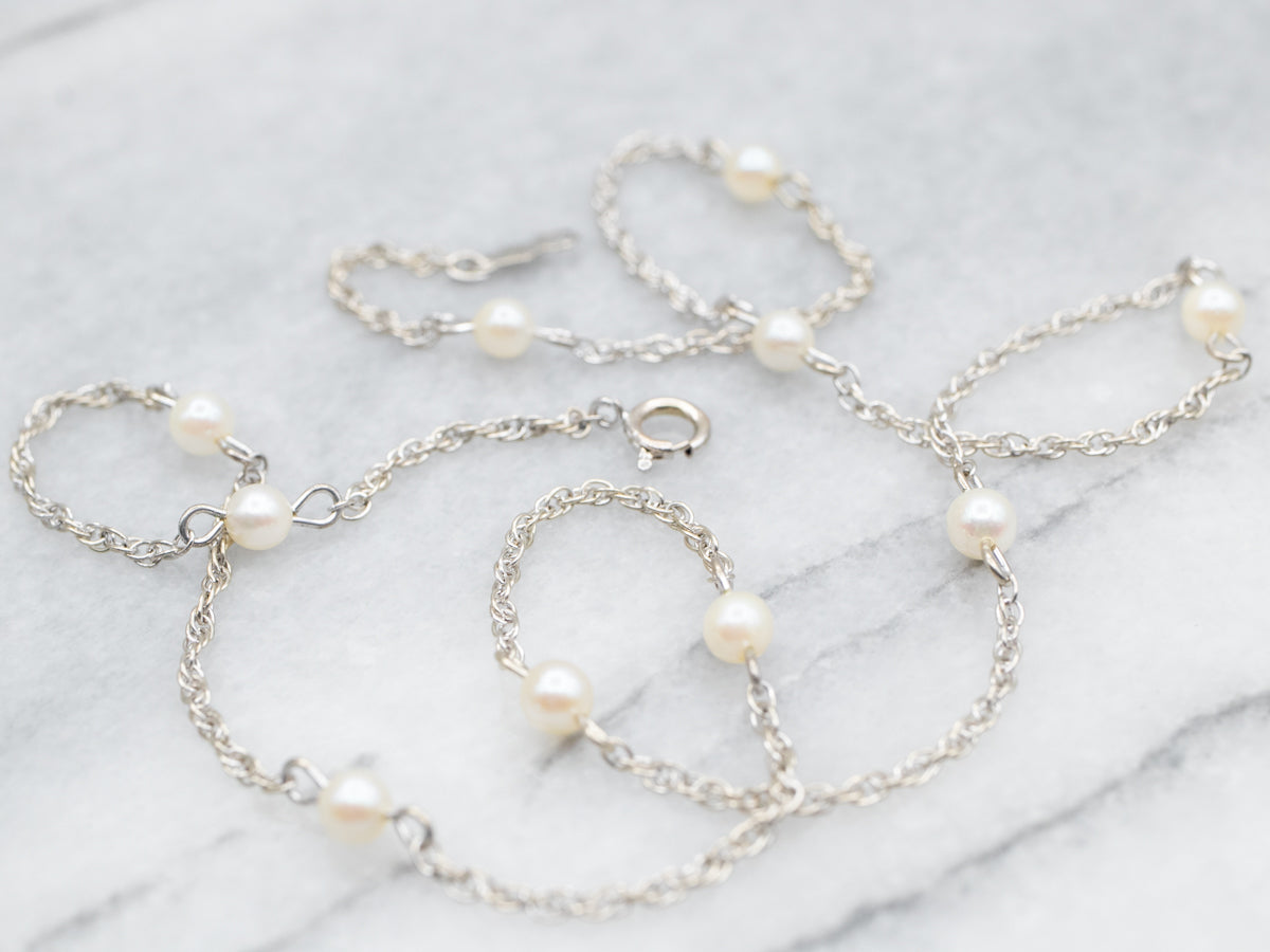 White Gold Pearl Station Chain Necklace with Spring Ring Clasp