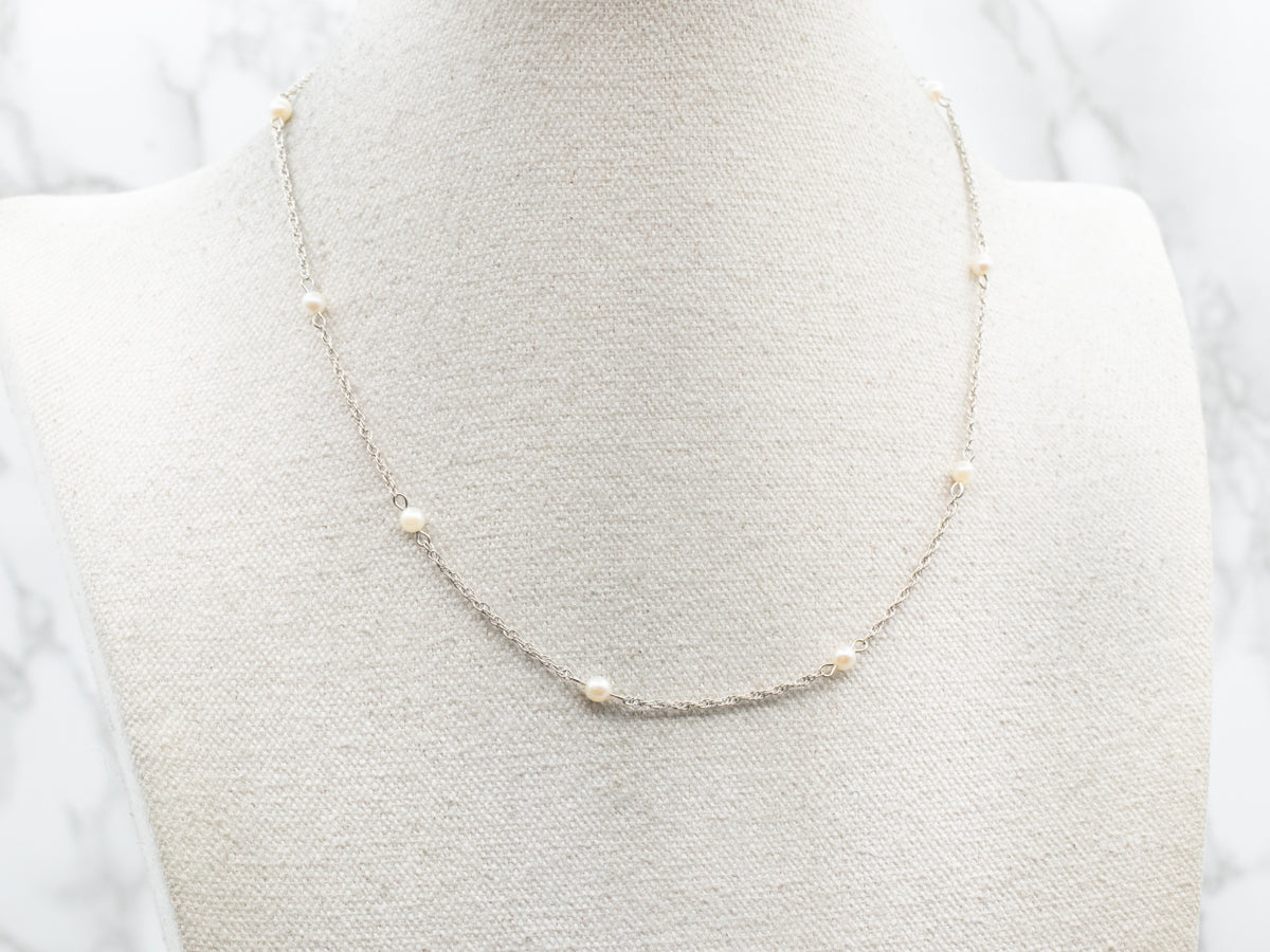 White Gold Pearl Station Chain Necklace with Spring Ring Clasp