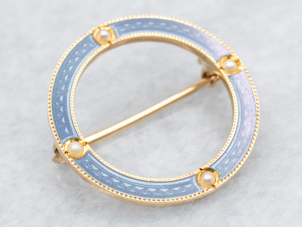 Blue Enamel and Seed Pearl Brooch