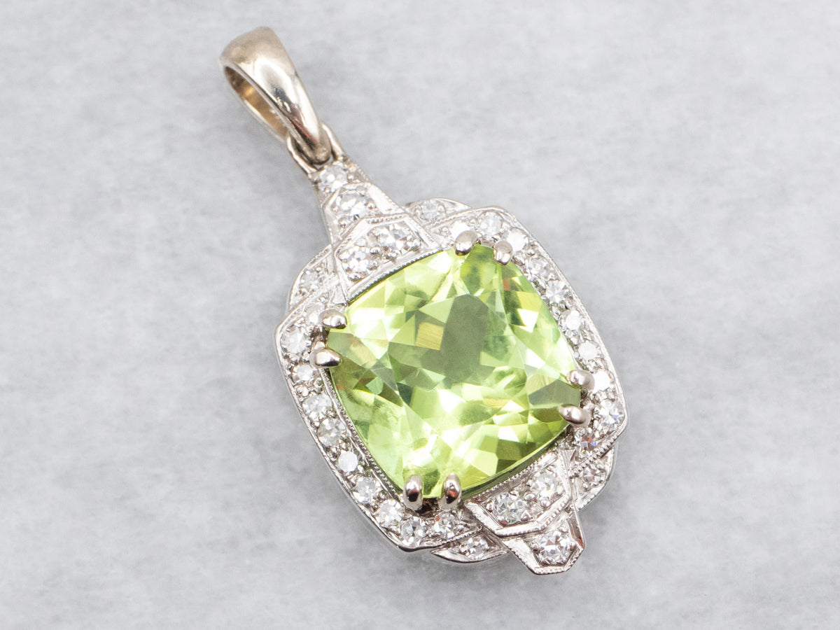 Retro Peridot and Diamond Halo Pendant