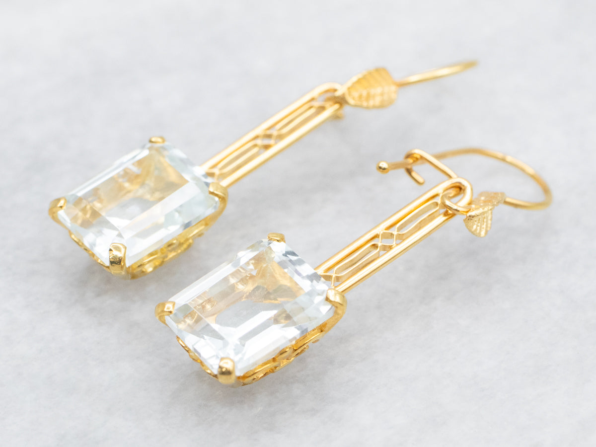 Blue Topaz Gold Filigree Bar Drop Earrings