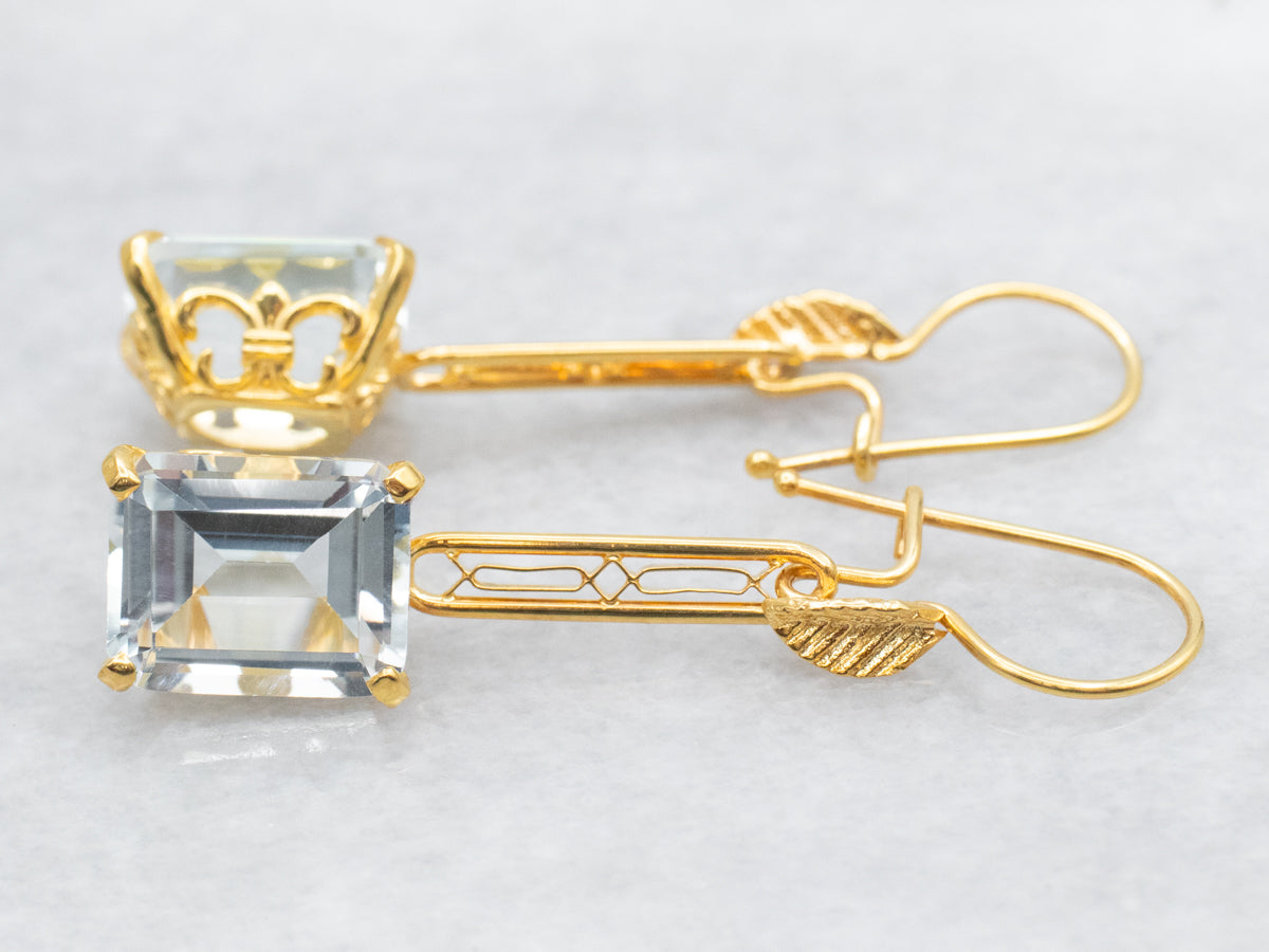 Blue Topaz Gold Filigree Bar Drop Earrings