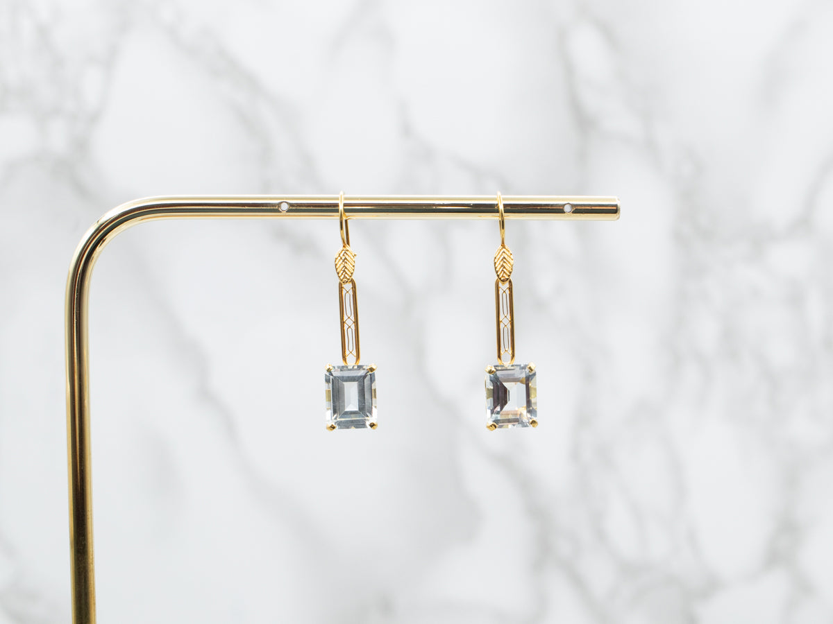 Blue Topaz Gold Filigree Bar Drop Earrings