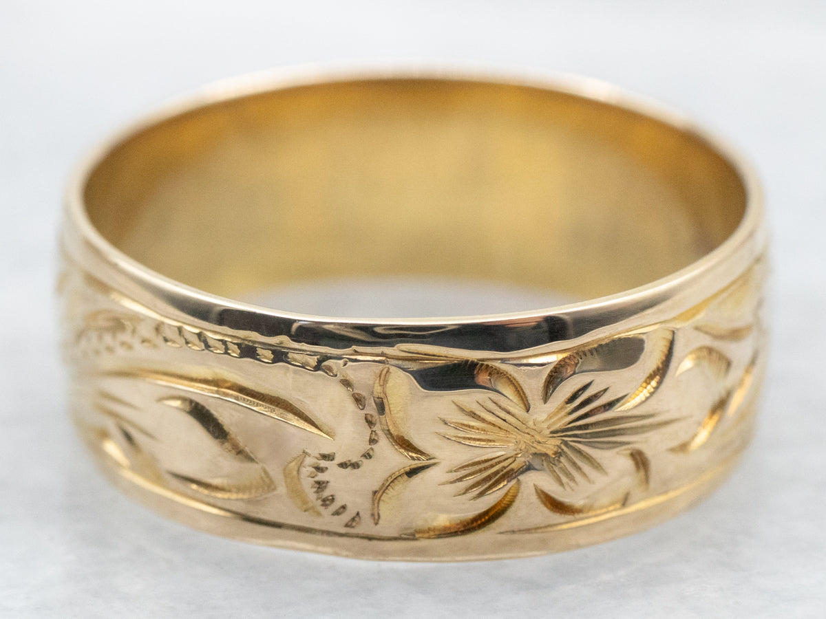 Vintage Gold Botanical Pattern Wedding Band