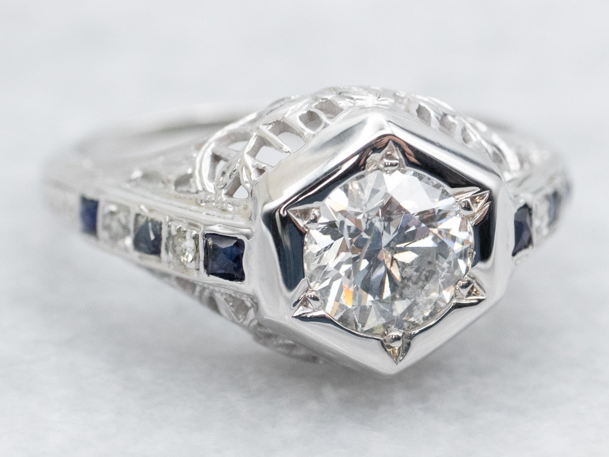 Art Deco Diamond and Sapphire Engagement Ring