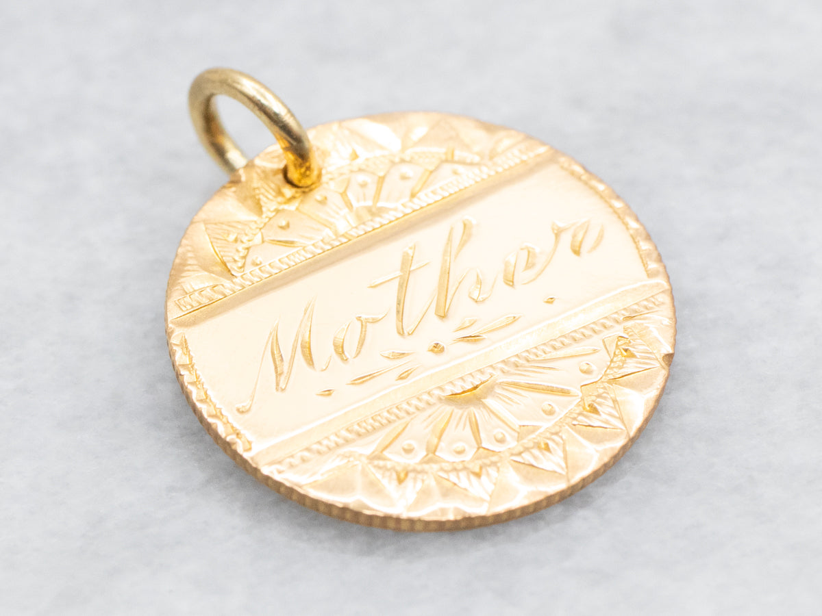 Gold &quot;Mother&quot; Engraved Coin Love Token Pendant