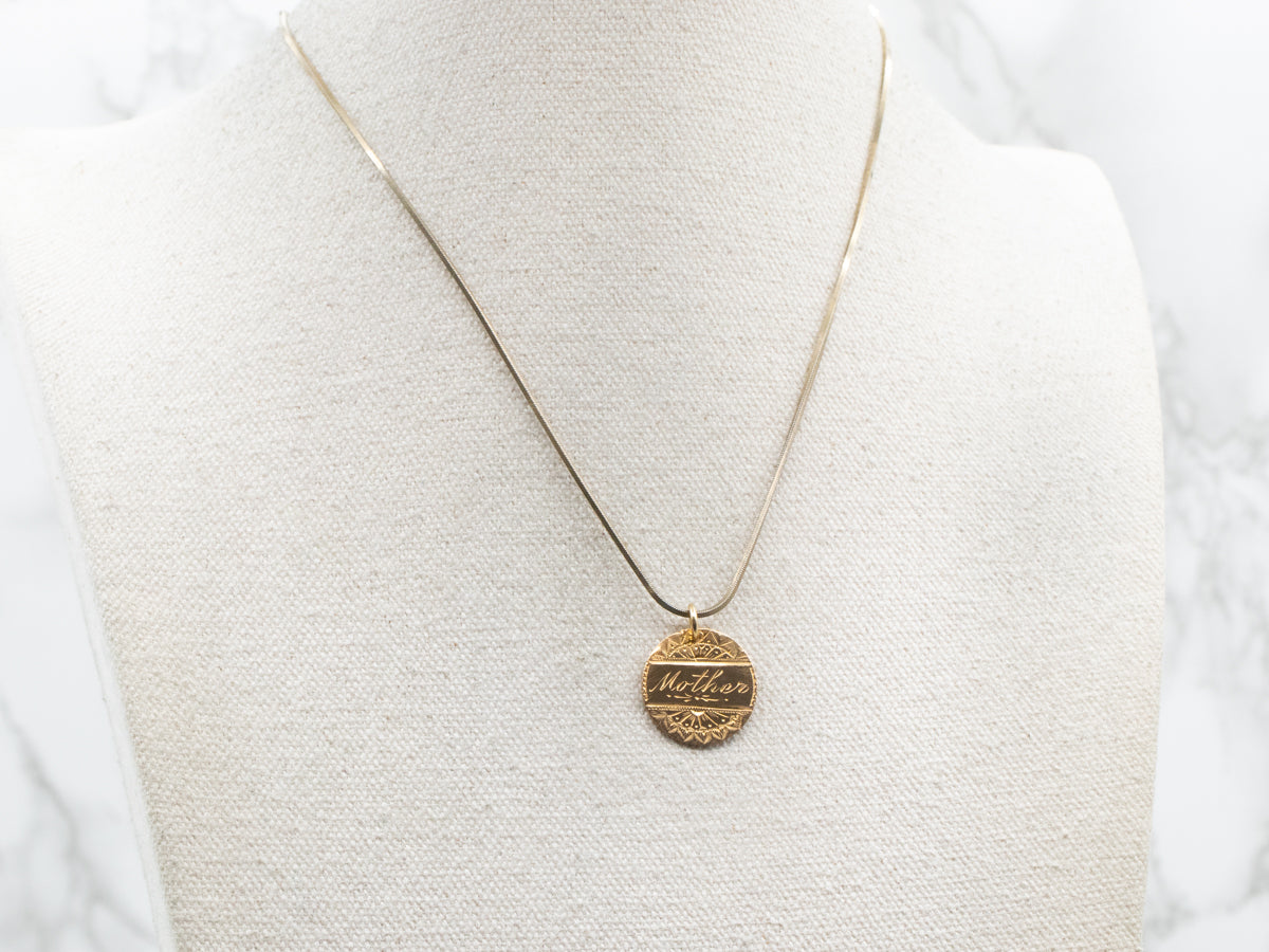 Gold "Mother" Engraved Coin Love Token Pendant