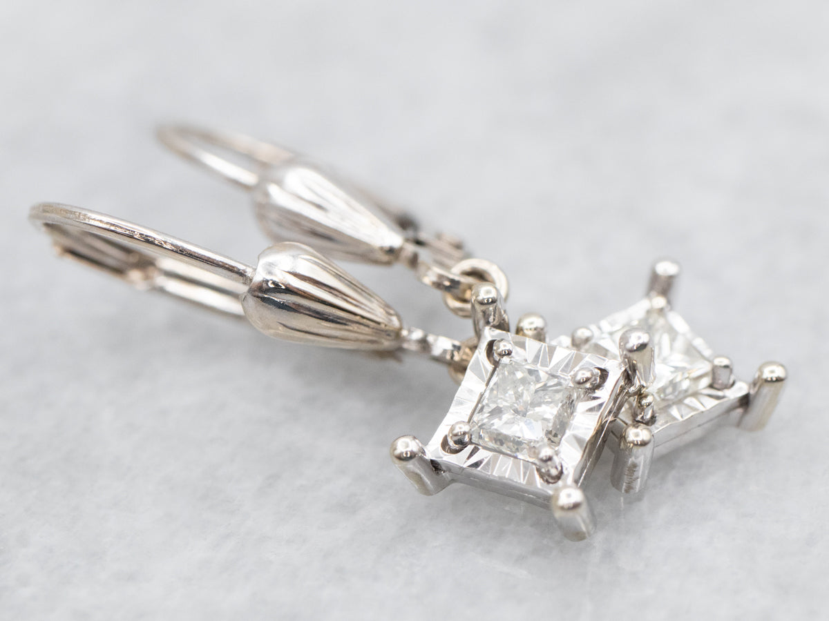 White Gold Princess Cut Diamond Drop Earrings