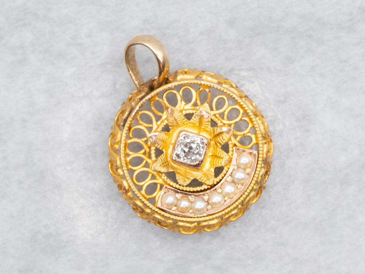 Old Mine Cut Diamond and Seed Pearl Pendant