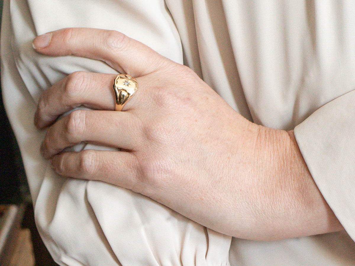 Shield Shaped Signet Ring with Old Mine Cut Diamond