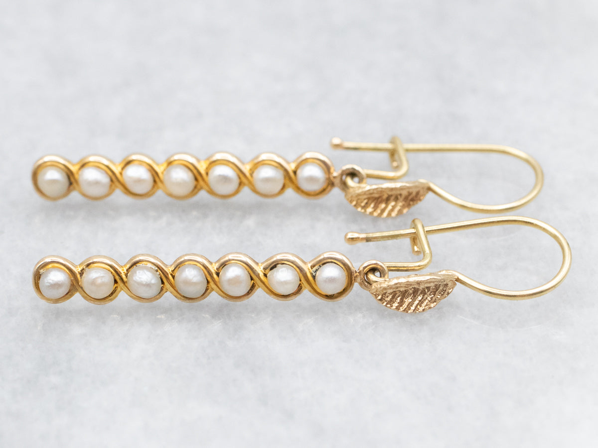 Pearl Bar Drop Earrings with Leaf Detail