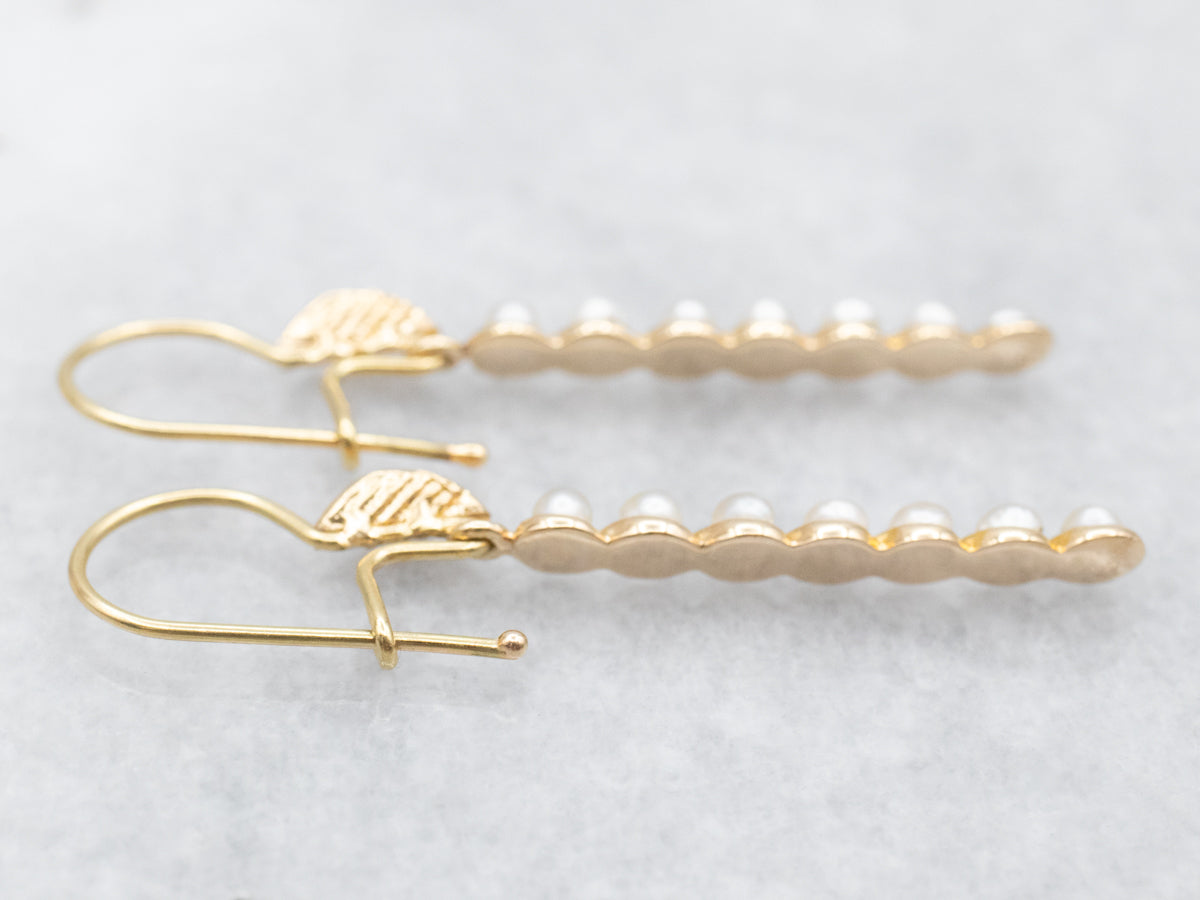 Pearl Bar Drop Earrings with Leaf Detail