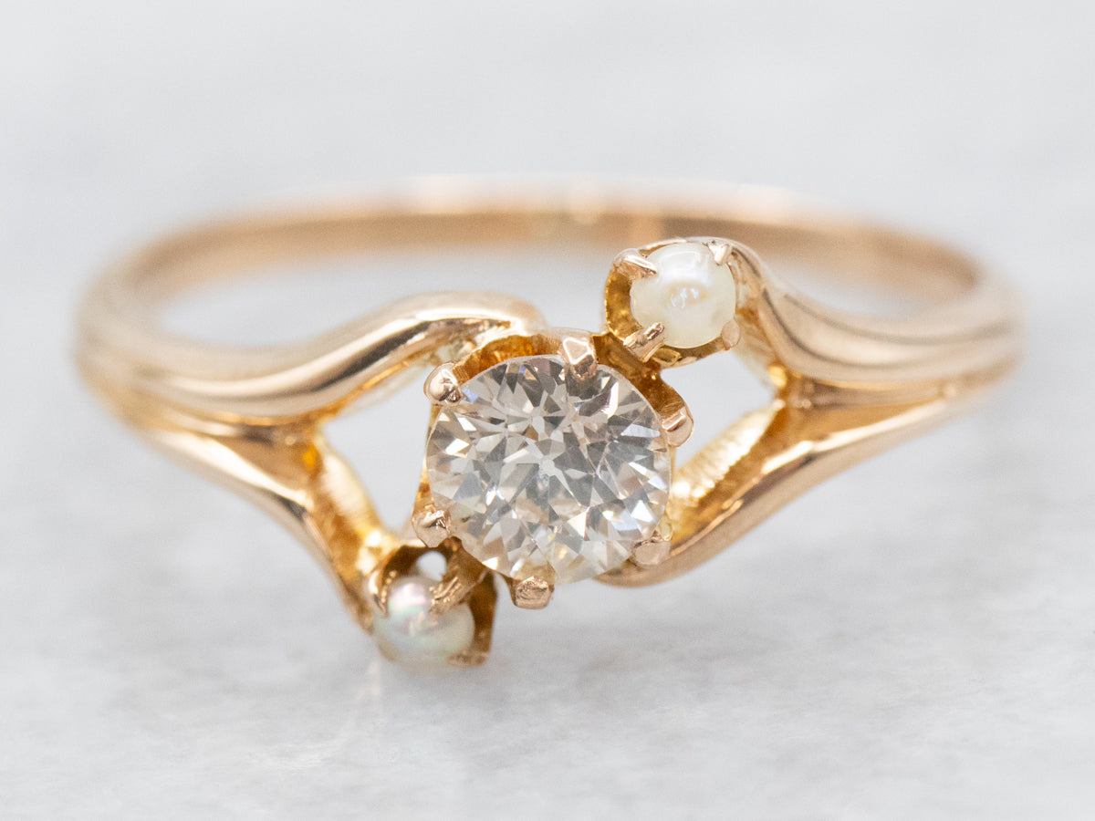 Vintage European Cut Diamond and Seed Pearl Bypass Ring