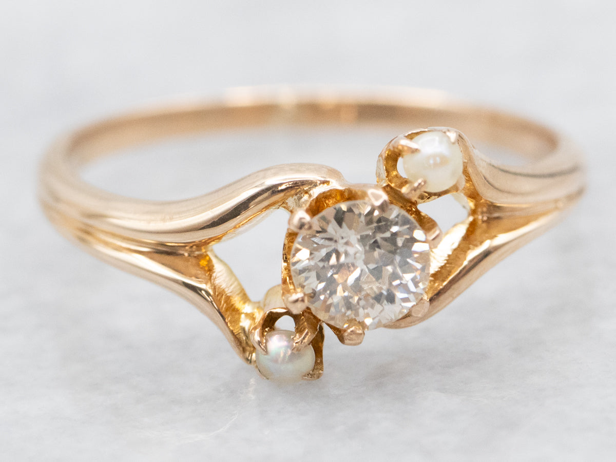 Vintage European Cut Diamond and Seed Pearl Bypass Ring