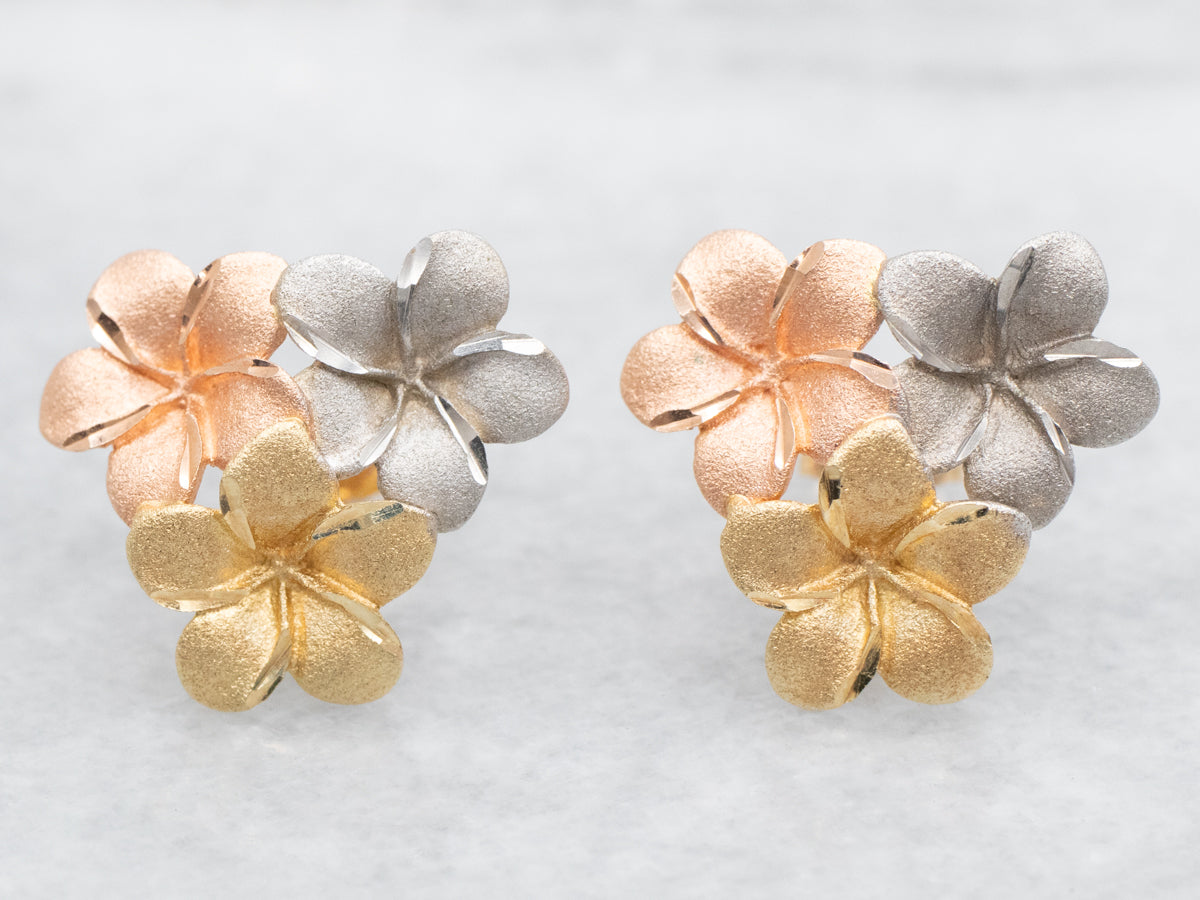 Tri Color Gold Floral Stud Earrings