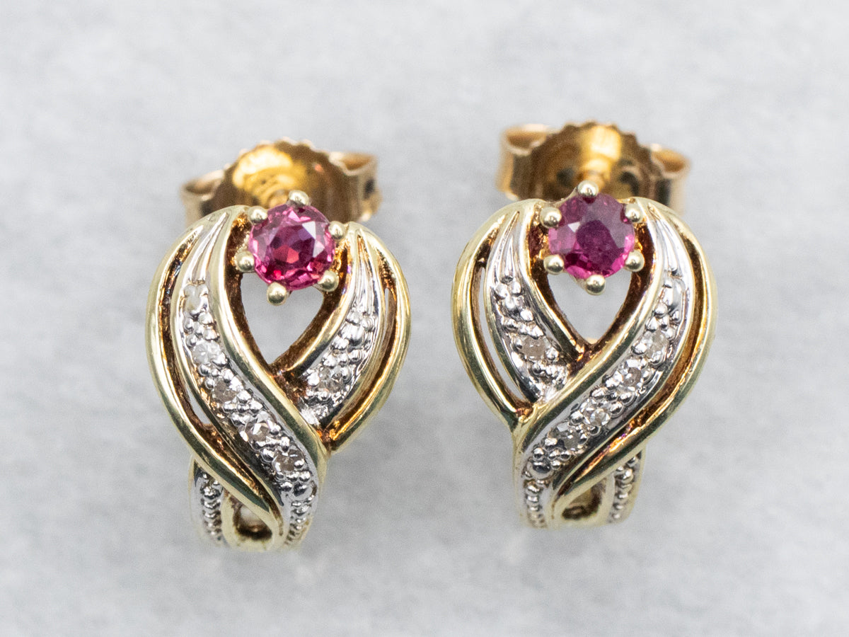 Two Tone Ruby and Diamond Crossover Stud Earrings