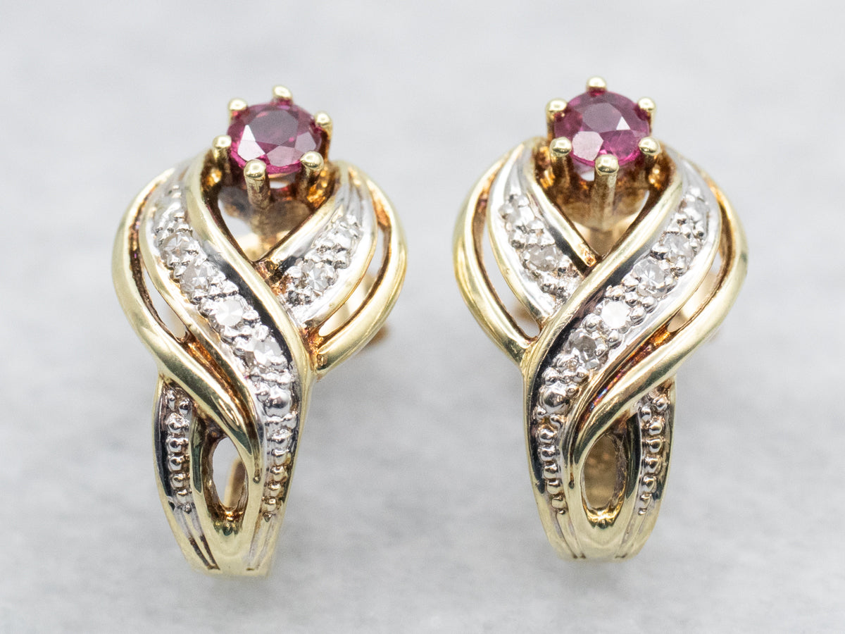 Two Tone Ruby and Diamond Crossover Stud Earrings