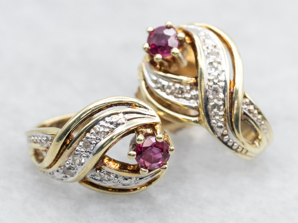 Two Tone Ruby and Diamond Crossover Stud Earrings