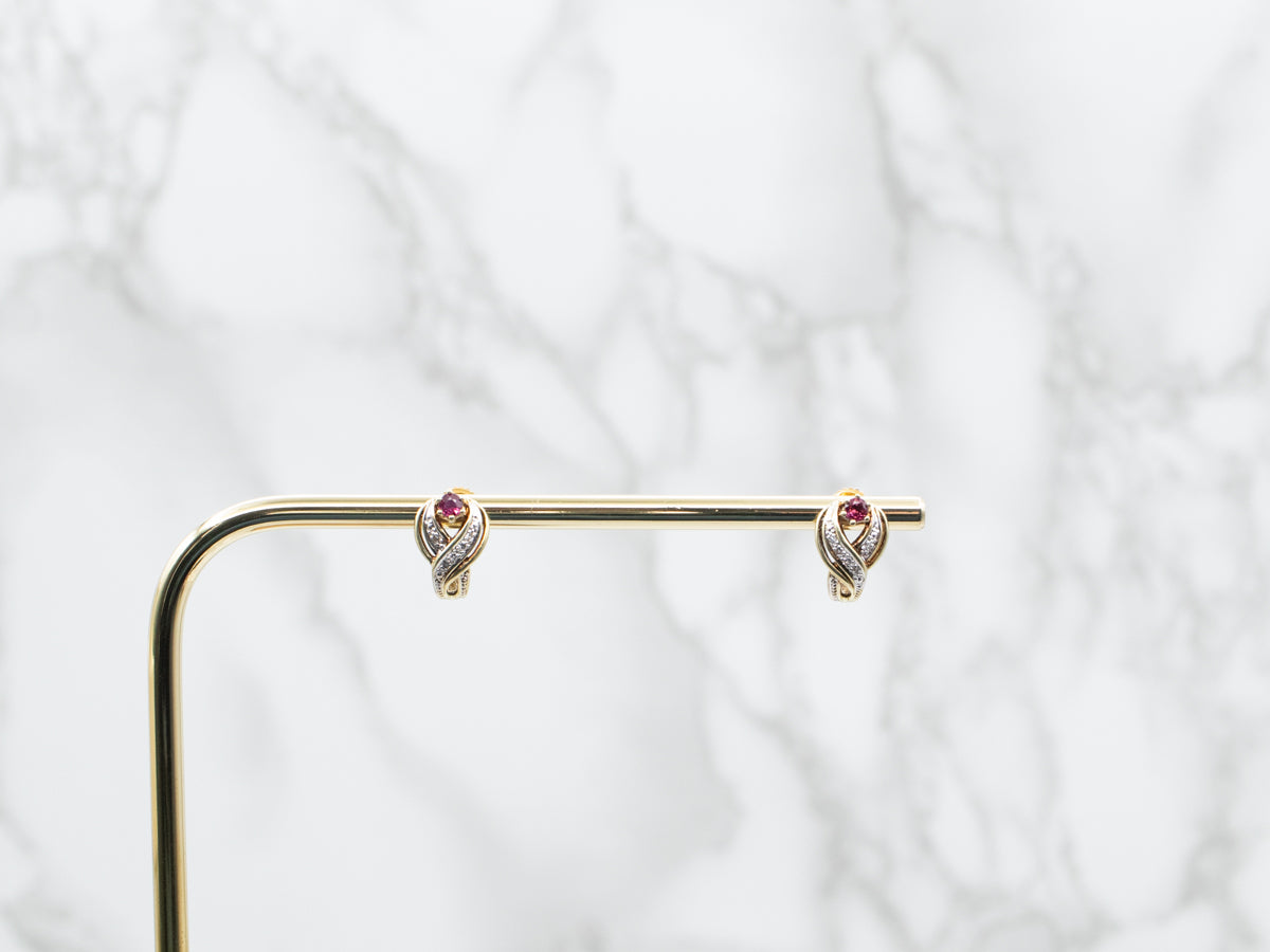 Two Tone Ruby and Diamond Crossover Stud Earrings