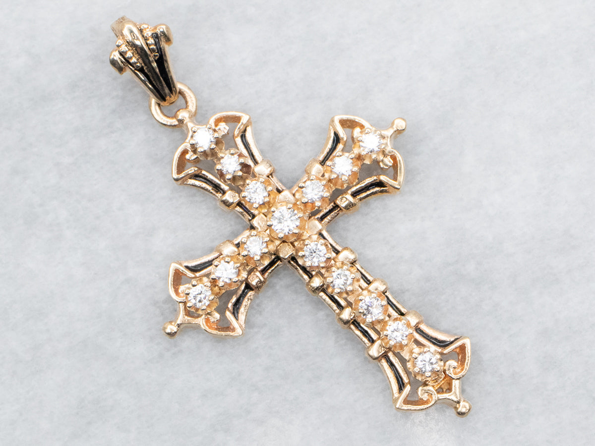 Diamond and Black Enamel Cross Pendant