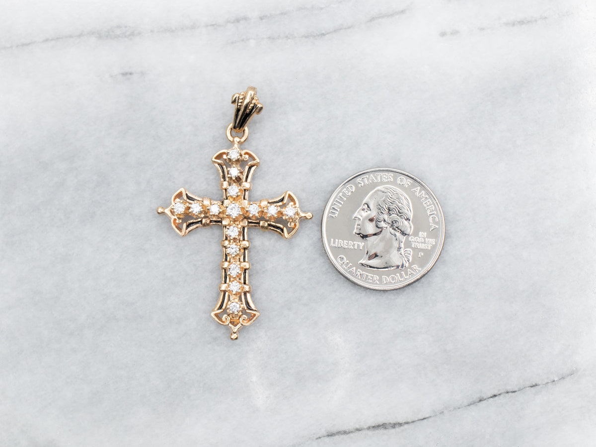 Diamond and Black Enamel Cross Pendant