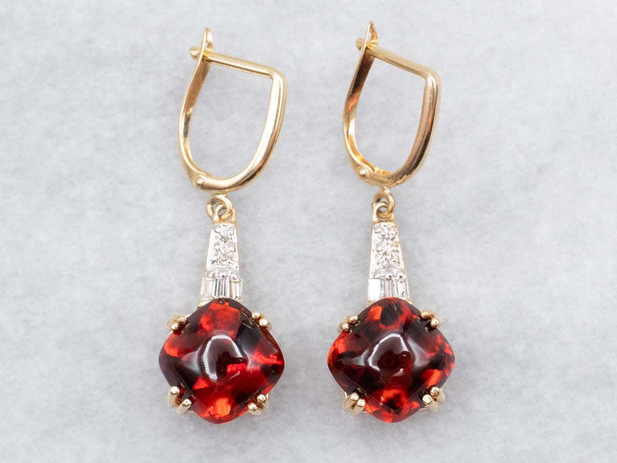 Garnet Cabochon and Diamond Drop Earrings